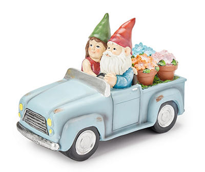 Blue Gnome Couple Driving With Flowers Garden Figure