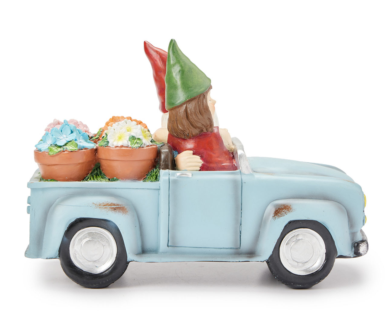 Blue Gnome Couple Driving With Flowers Garden Figure