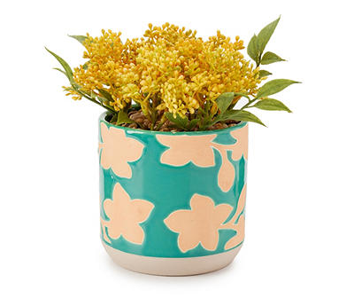 Yellow Artificial Yarrow With Blue Floral Ceramic Pot