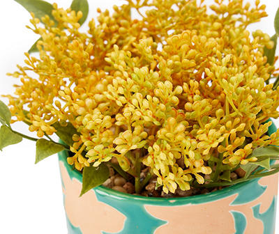 Yellow Artificial Yarrow With Blue Floral Ceramic Pot