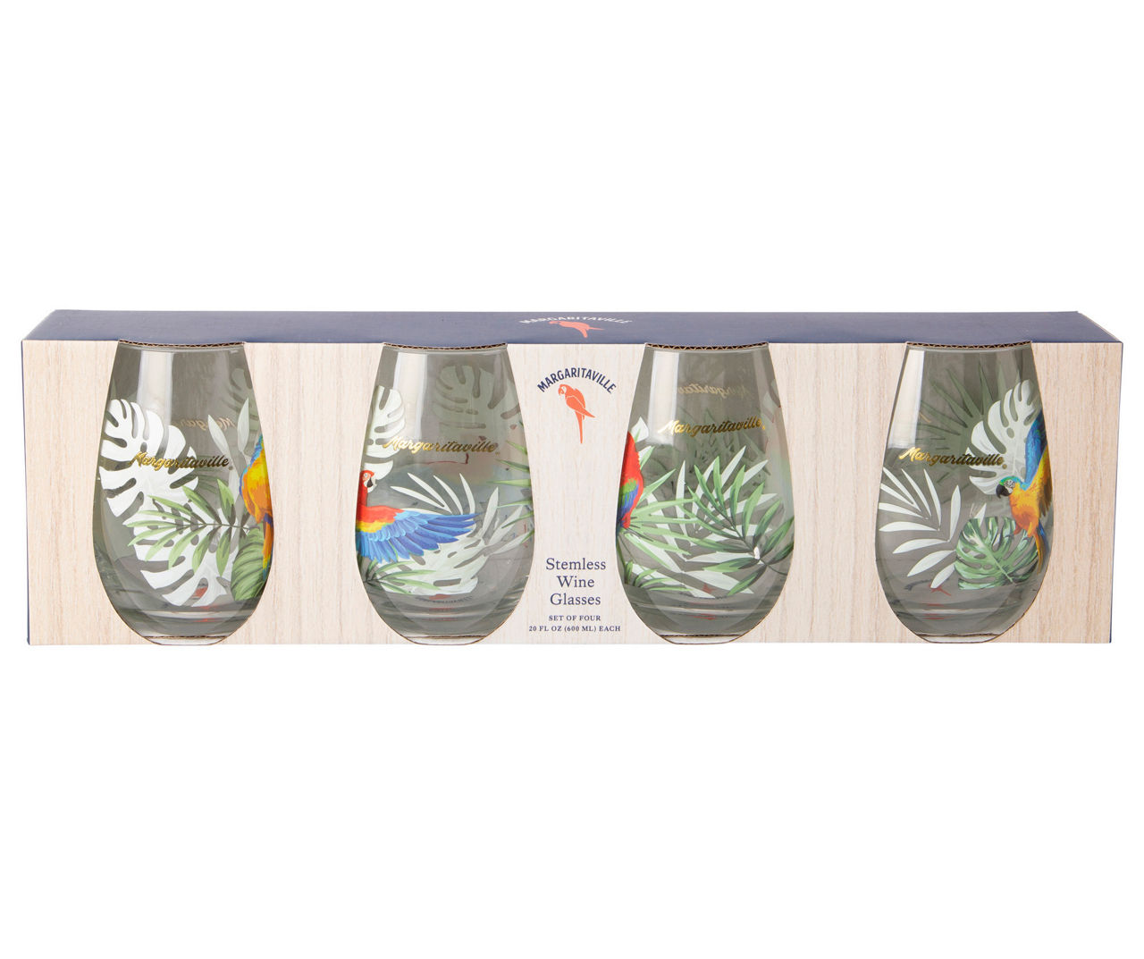 Margaritaville Green & MultiColor Parrot 20Oz. Stemless Wineglass, 4