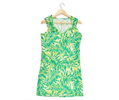 Women's Green & Yellow Chevron Palms V-Neck Sleeveless Dress