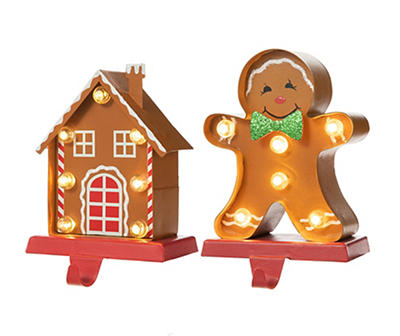 Gingerbread House & Man 2-Piece LED Stocking Holder Set
