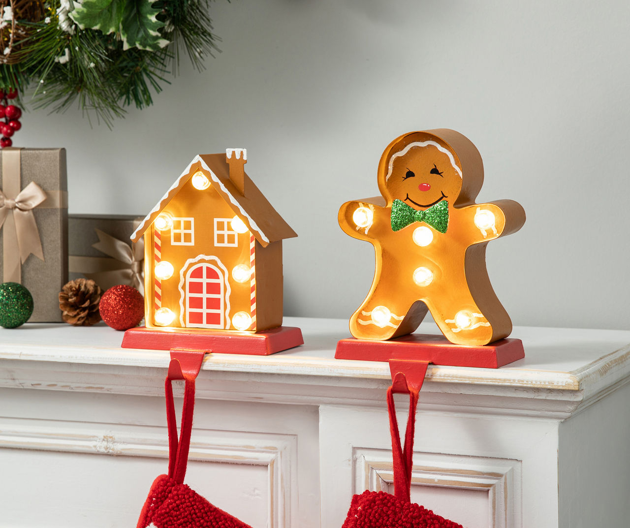 Gingerbread House & Man 2-Piece LED Stocking Holder Set