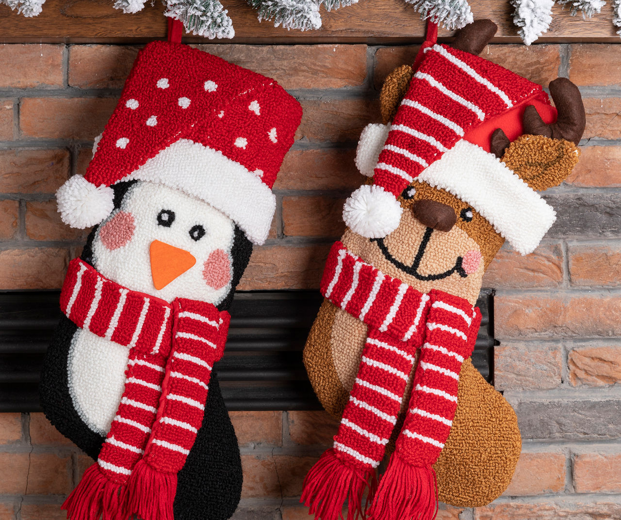 Penguin & Reindeer 3D Hooked Stockings, 2-Pack