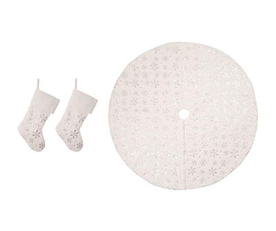 White Plush & Snowflake 3-Piece Stocking & Tree Skirt Set