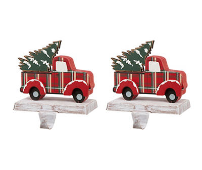Red Plaid Truck Stocking Holders, 2-Pack