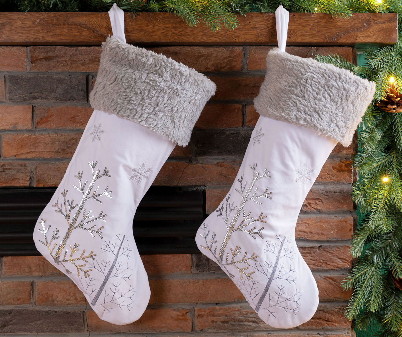 Silver Sequin Tree & Snowflake Stockings, 2-Pack
