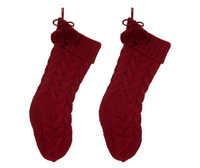 Red Cable Knit Stockings with Pom-Poms, 2-Pack