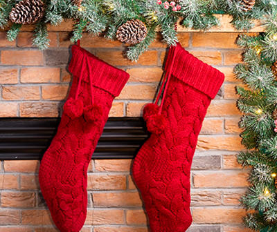 Red Cable Knit Stockings with Pom-Poms, 2-Pack