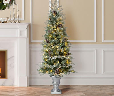 5' Snow Sprinkle & Pinecone Pre-Lit LED Artificial Christmas Urn Tree