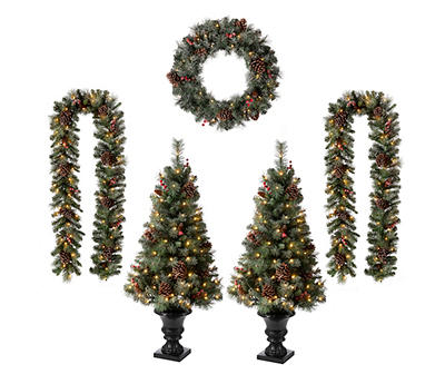 Flocked 5-Piece Pre-Lit LED Wreath, Garland & Tree Set