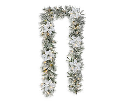 9' White Poinsettia Pre-Lit LED Garland