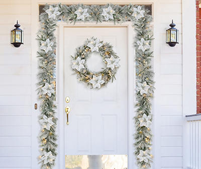White Poinsettia 3-Piece Pre-Lit LED Wreath & Garland Set
