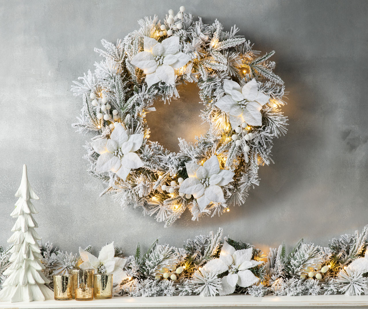 Glitzhome White Poinsettia 3-Piece Pre-Lit LED Wreath & Garland Set