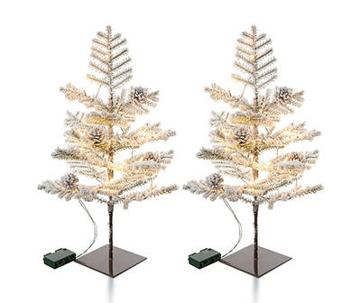 2' Flocked Upswept Wrapped Pre-Lit LED Artificial Christmas Trees, 2-Pack