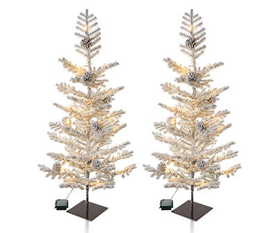 3' Flocked Upswept Wrapped Pre-Lit LED Artificial Christmas Trees, 2-Pack