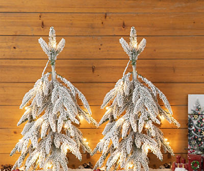 2' Flocked  Down Swept Wrapped Pre-Lit LED Artificial Christmas Trees, 2-Pack