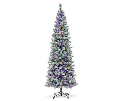 9' Flocked Pine Pencil Pre-Lit LED Artificial Christmas Tree with Dual Color Lights