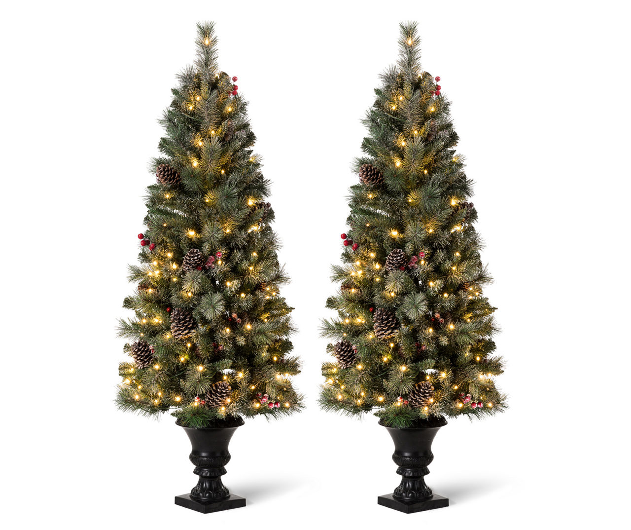 Glitzhome 5' Pine PreLit LED Artificial Christmas Urn Trees, 2Pack