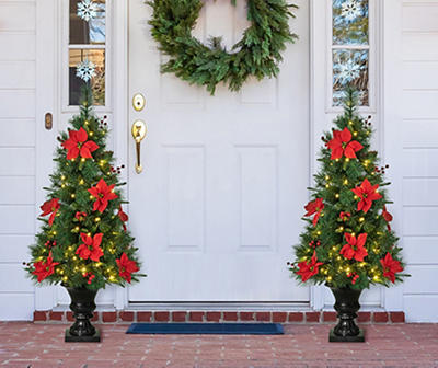 4' Poinsettia & Berry Pre-Lit LED Artificial Christmas Urn Trees, 2-Pack 