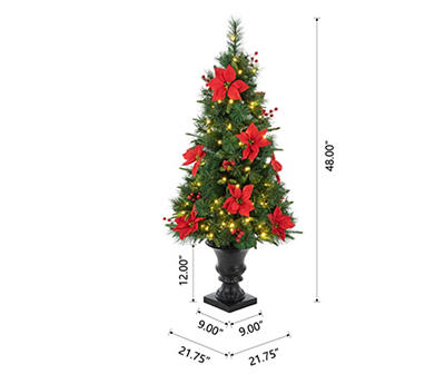 4' Poinsettia & Berry Pre-Lit LED Artificial Christmas Urn Trees, 2-Pack 