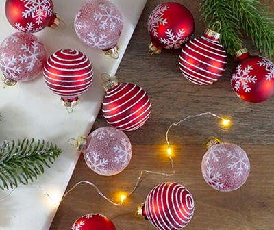 Red & White Stripe & Snowflake Ball 12-Piece Glass Ornament Set