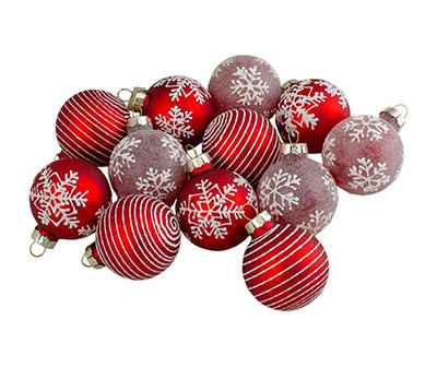 Red & White Stripe & Snowflake Ball 12-Piece Glass Ornament Set