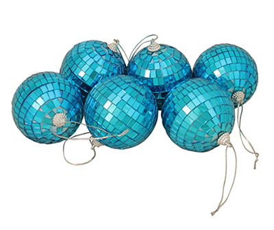 Peacock Blue Mirrored Disco Ball Glass Ornaments, 6-Pack
