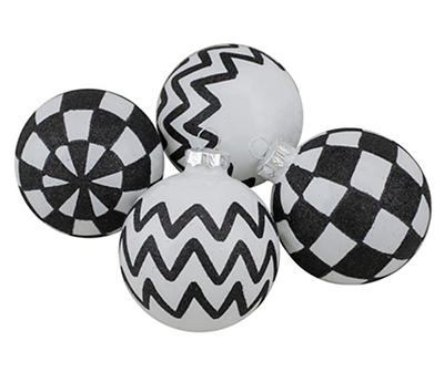Black & White Design Ball Glass Ornaments, 4-Pack