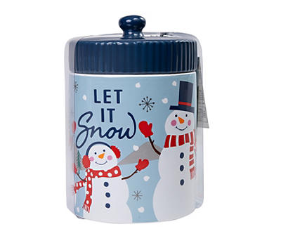 "Let it Snow" Blue Snowman Round Cookie Jar Set