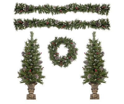 Frosted Pine & Berry 5-Piece LED Tree, Wreath & Garland Set