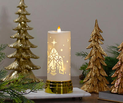 Gold & White Nativity Scene LED Pillar Candle