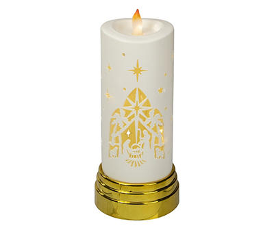 Gold & White Nativity Scene LED Pillar Candle