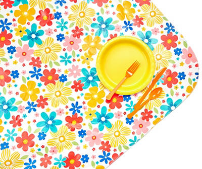 White Multi-Color Daisy PEVA Tablecloth