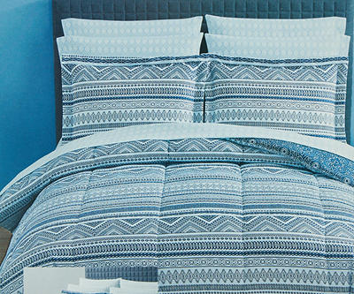 Grecian Getaway Navy & Blue Geo Stripe Queen 9-Piece Reversible Comforter Set