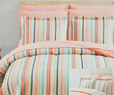 Blossom Coral & Multi-Color Stripe Bed-in-a-Bag Queen 9-Piece Bedding Set