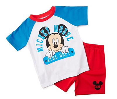 Disney Kids' White & Blue Mickey Mouse Tee & Red Mesh Shorts