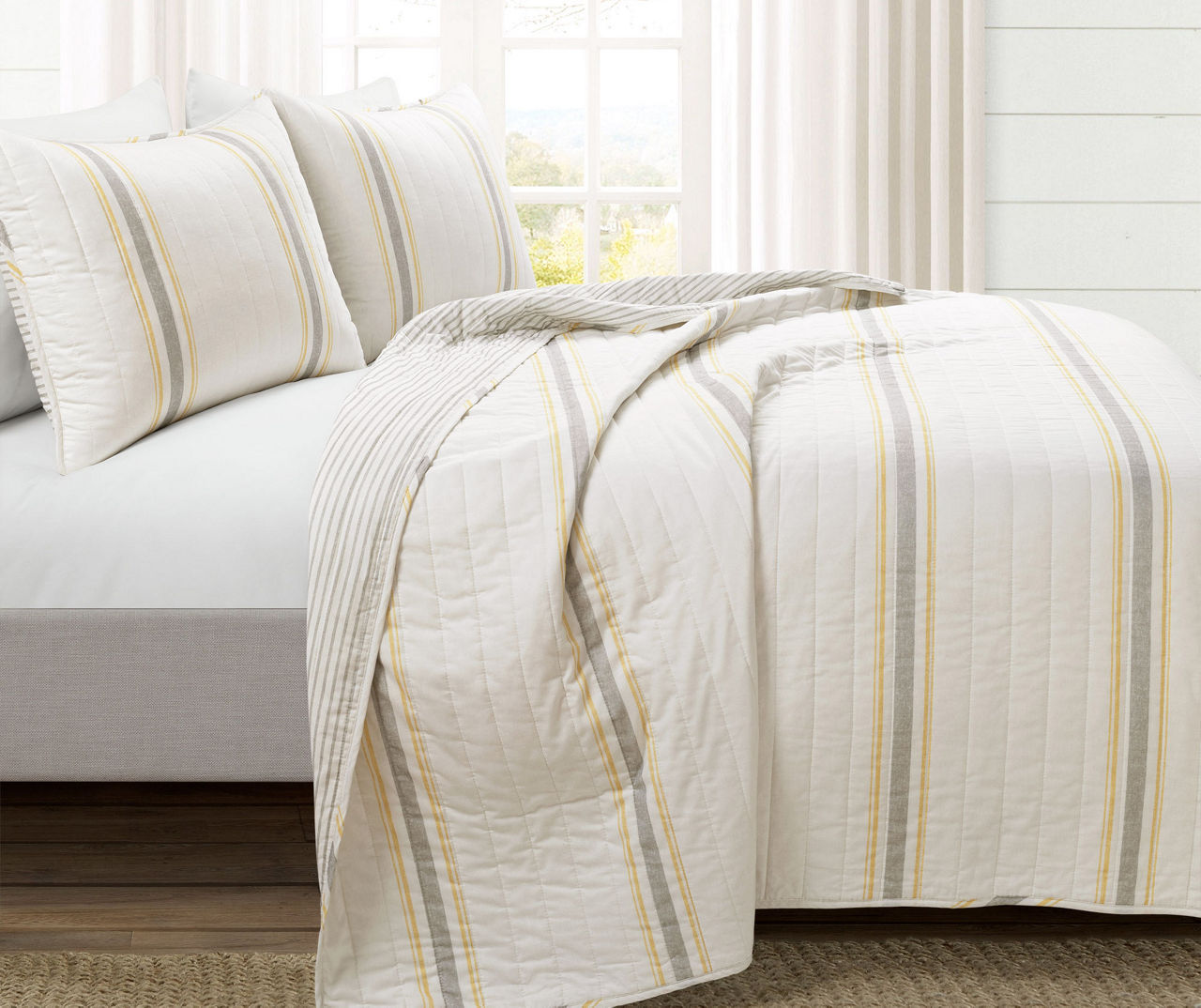 Farmhouse White, Yellow & Gray Stripe Reversible King 3-Piece