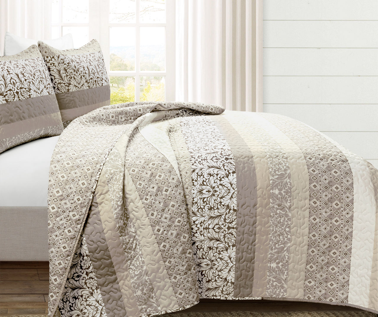 NY&CO Home Idge 3 Piece Quilt Set Y-Shaped Geometric Pattern Bedding beige  king, king - Jay C Food Stores