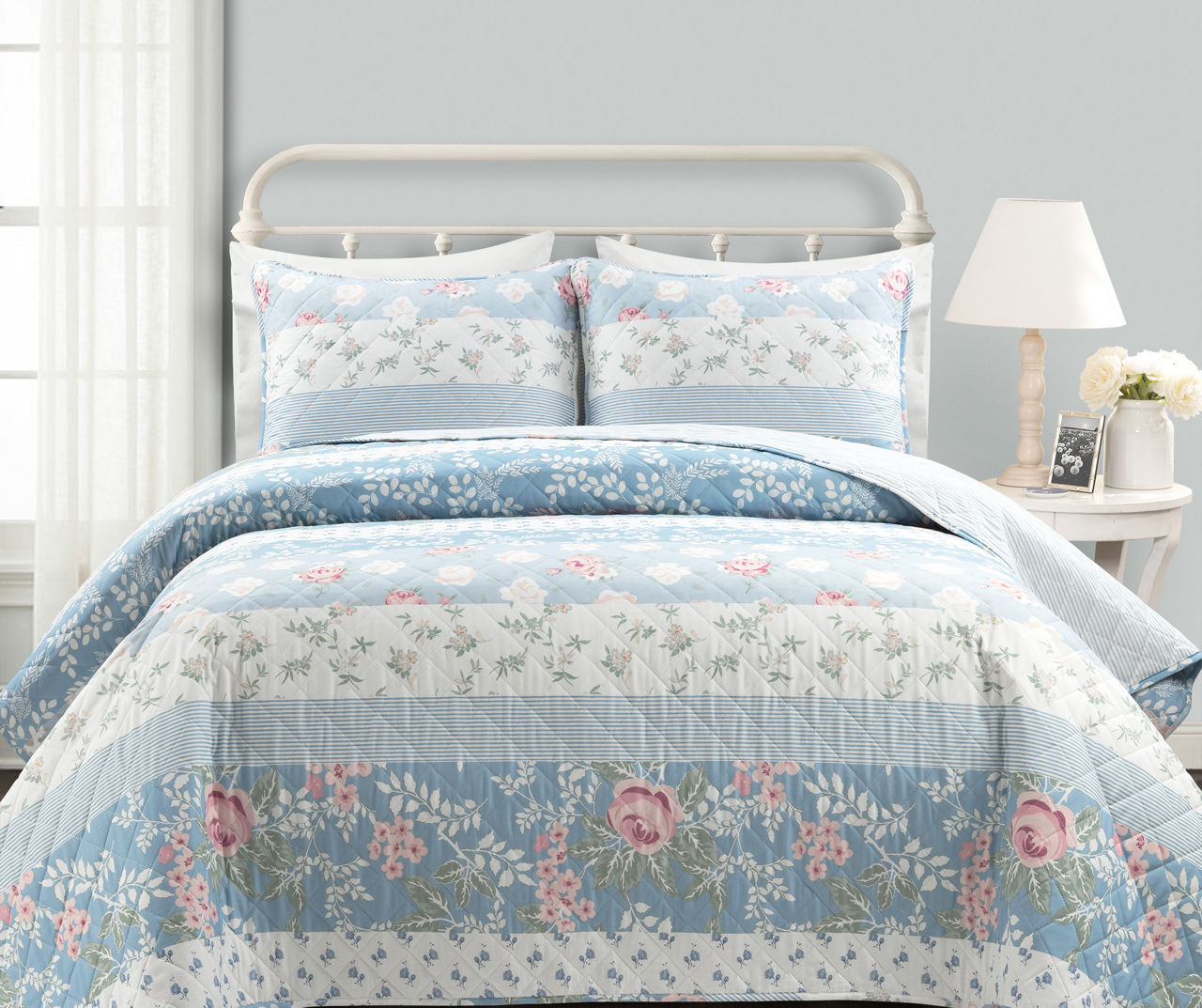 Lush Decor Blue Floral & Stripe Cotton Reversible King 3Piece Quilt