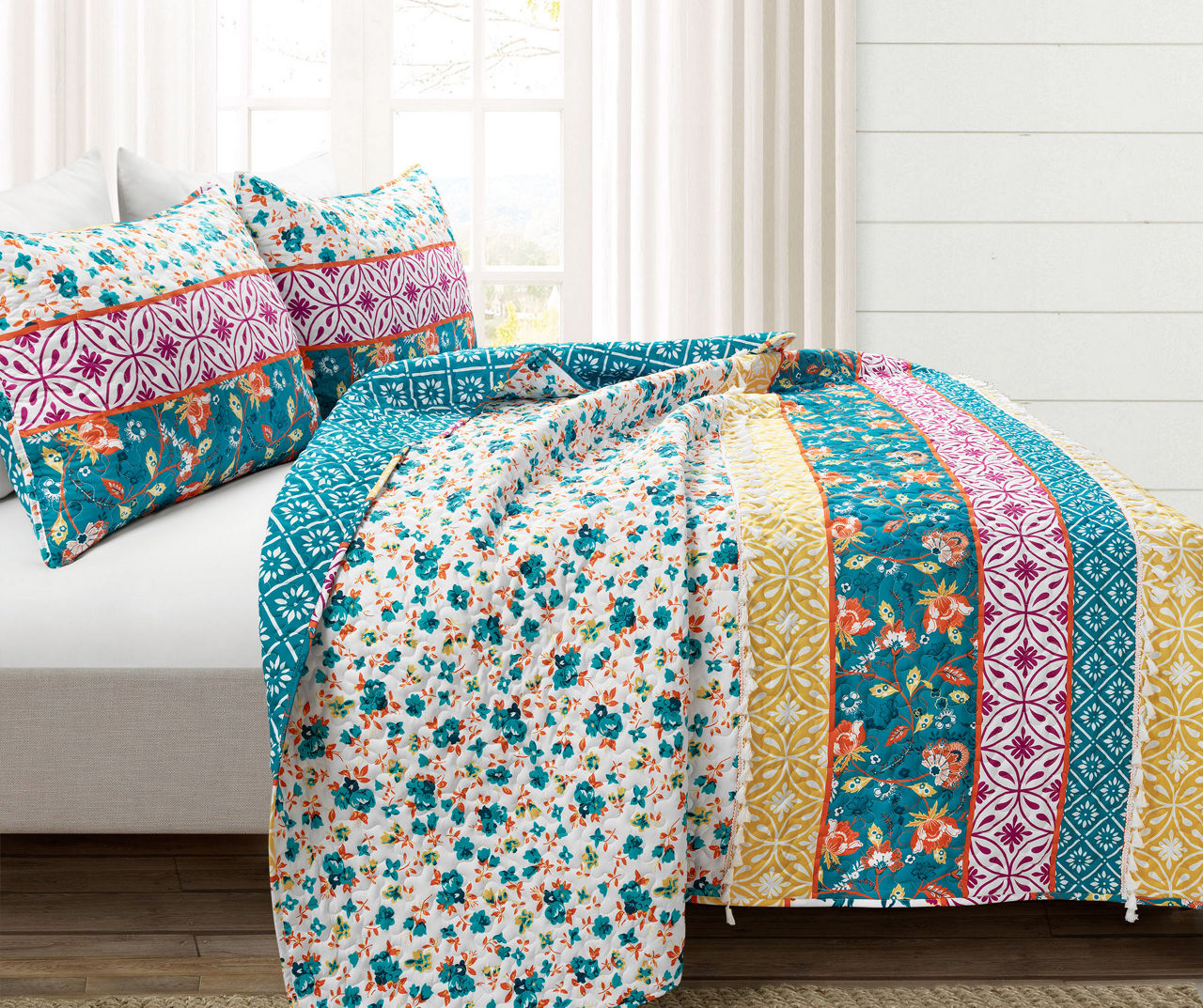 Emily Turquoise & Orange Boho Stripe Reversible Full/Queen 3-Piece Quilt Set