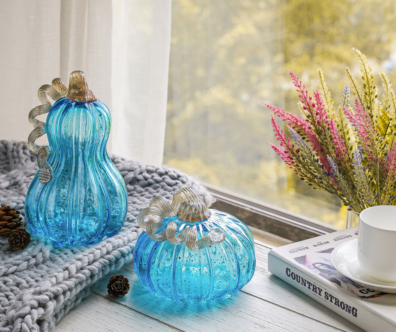 Blue 2-Piece Glass Pumpkin Set