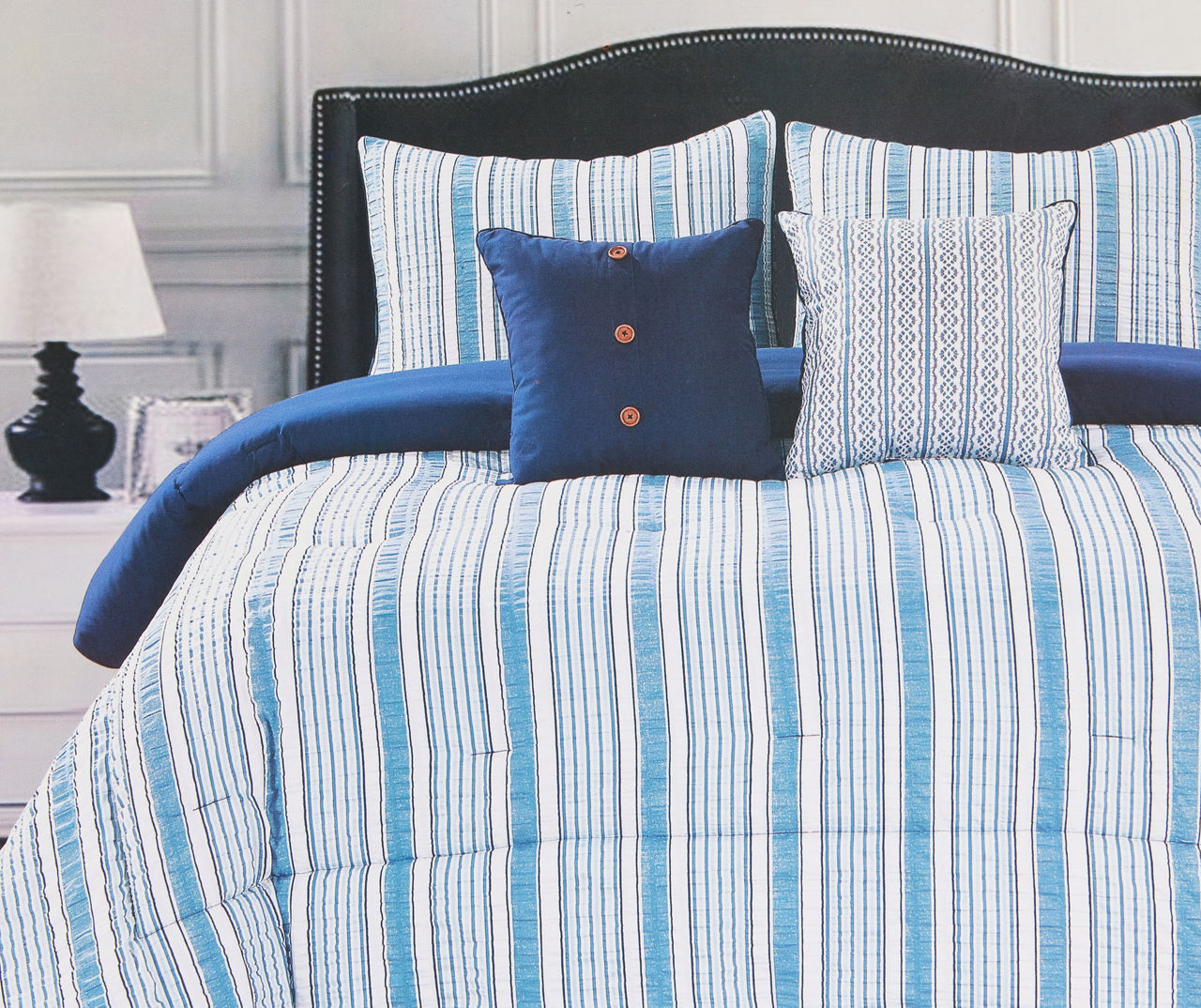 Chaps 8-Piece Stripe Bedding Comforter Set - Bed in a Bag Reversible to  Solid - Blue - Size King 