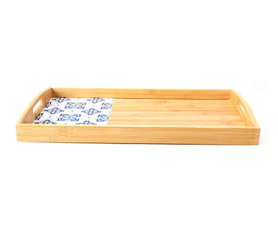 White & Blue Geometric Bamboo Serving Tray, (20