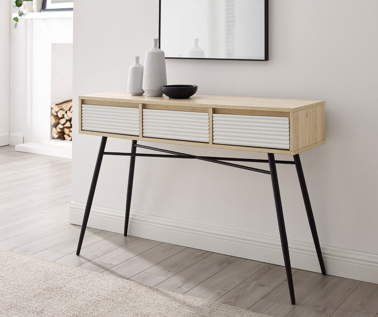 White & Birch Fluted 3-Drawer Entryway Table