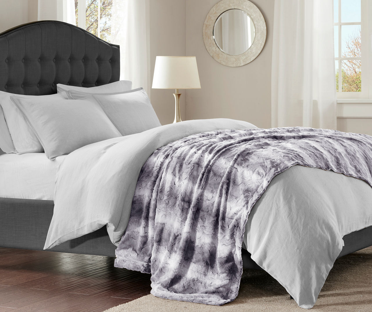 Marselle Gray & White Stripe Faux Fur Bed Throw, (80" x 96")