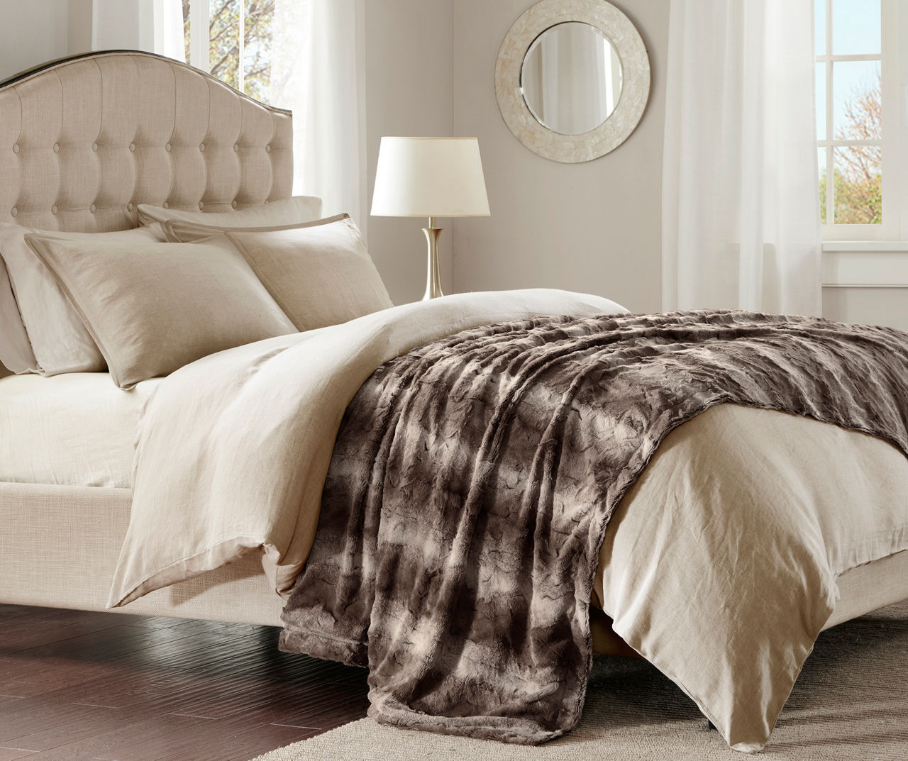 Marselle Brown Stripe Faux Fur Bed Throw, (80" x 96")