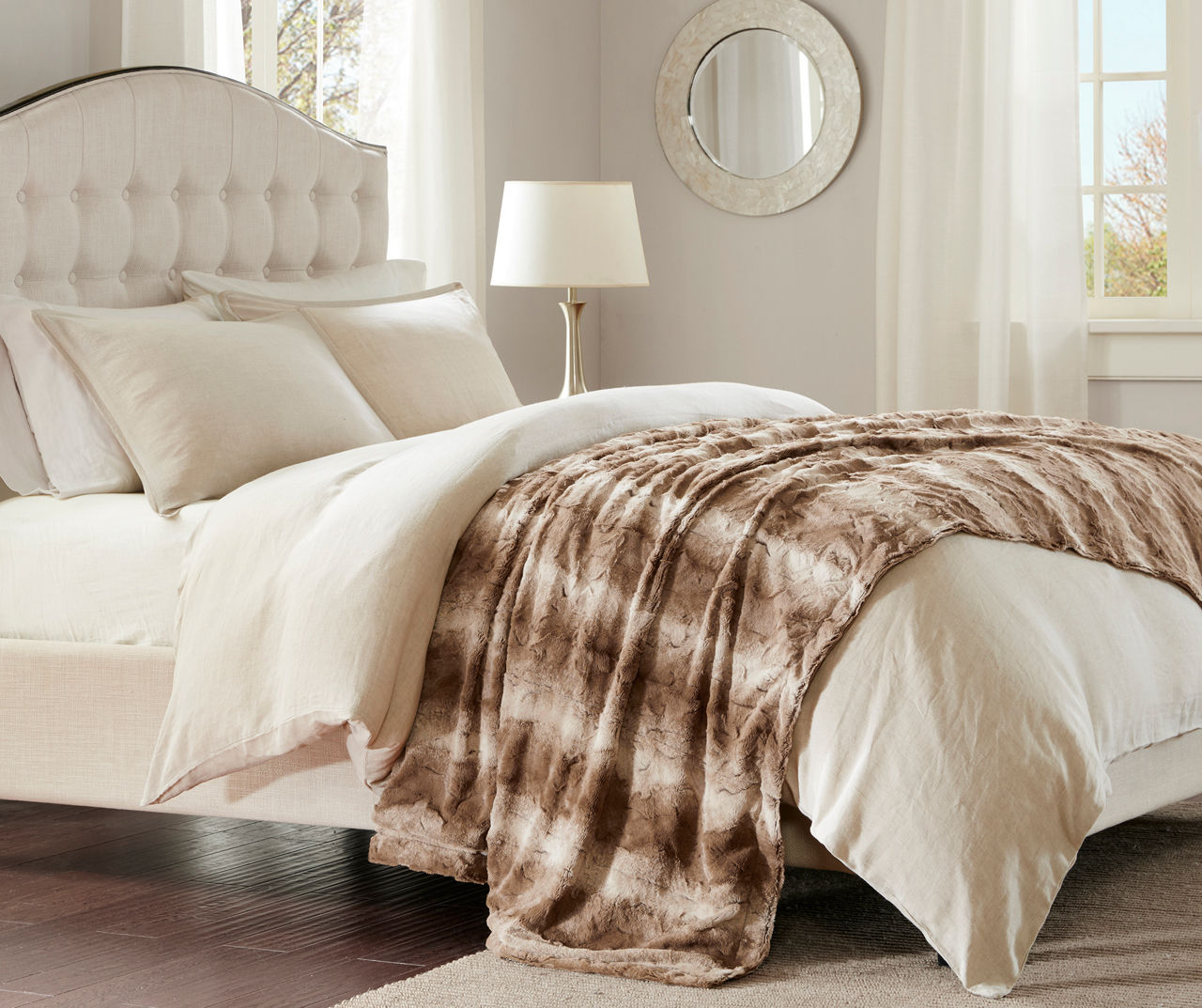 Marselle Brown & Tan Stripe Faux Fur Bed Throw, (80" x 96")