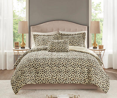 Marselle Brown & Black Leopard Print Faux Fur Full/Queen 4-Piece Comforter Set